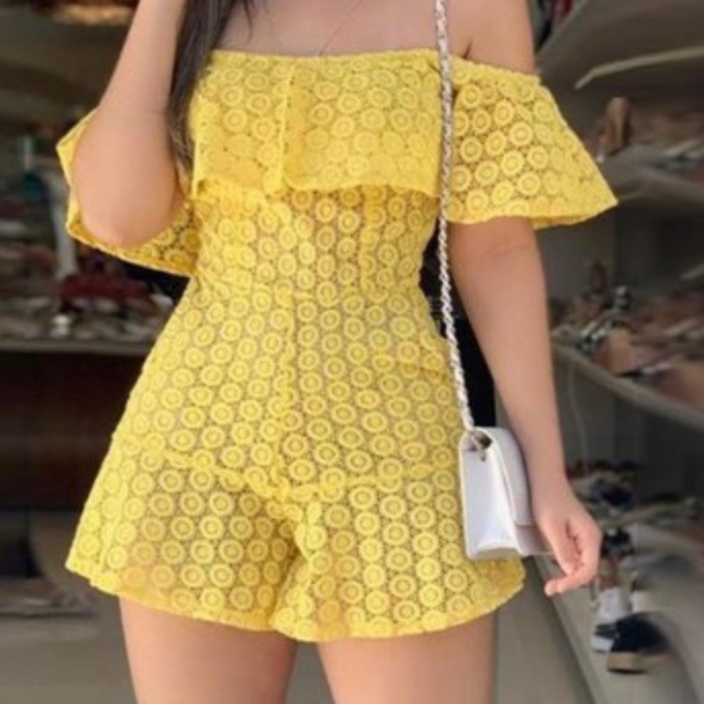 Off Shoulder Eyelet Embroidery Ruffles Romper - Picture 2 of 2